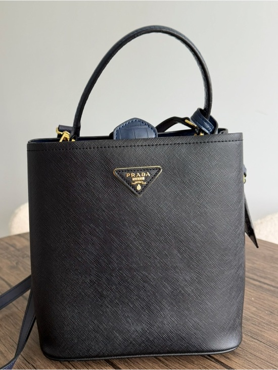 Prada Handbags - Prada Black Saffiano Leather Bucket Satchel with Navy Trim